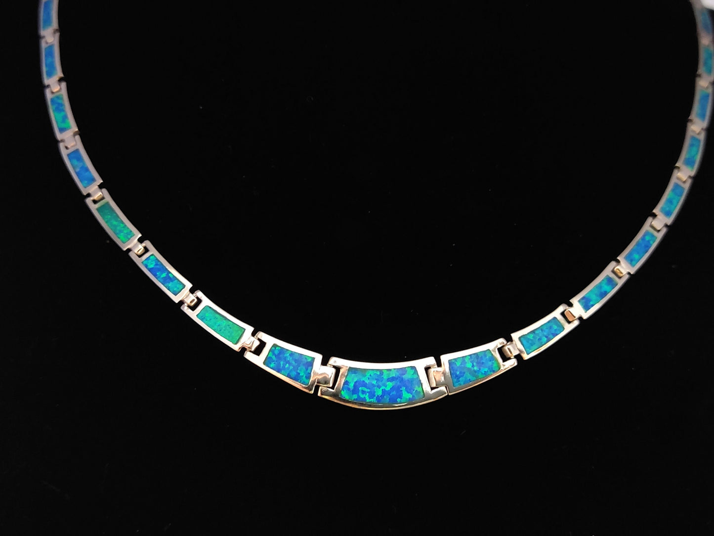 Sterling Silver 925 Fire Rainbow Blue Opal Modern Gradual Pattern Necklace ,Griechischer Opal Silber Kette, Bijoux Grecque, Greek Jewelry
