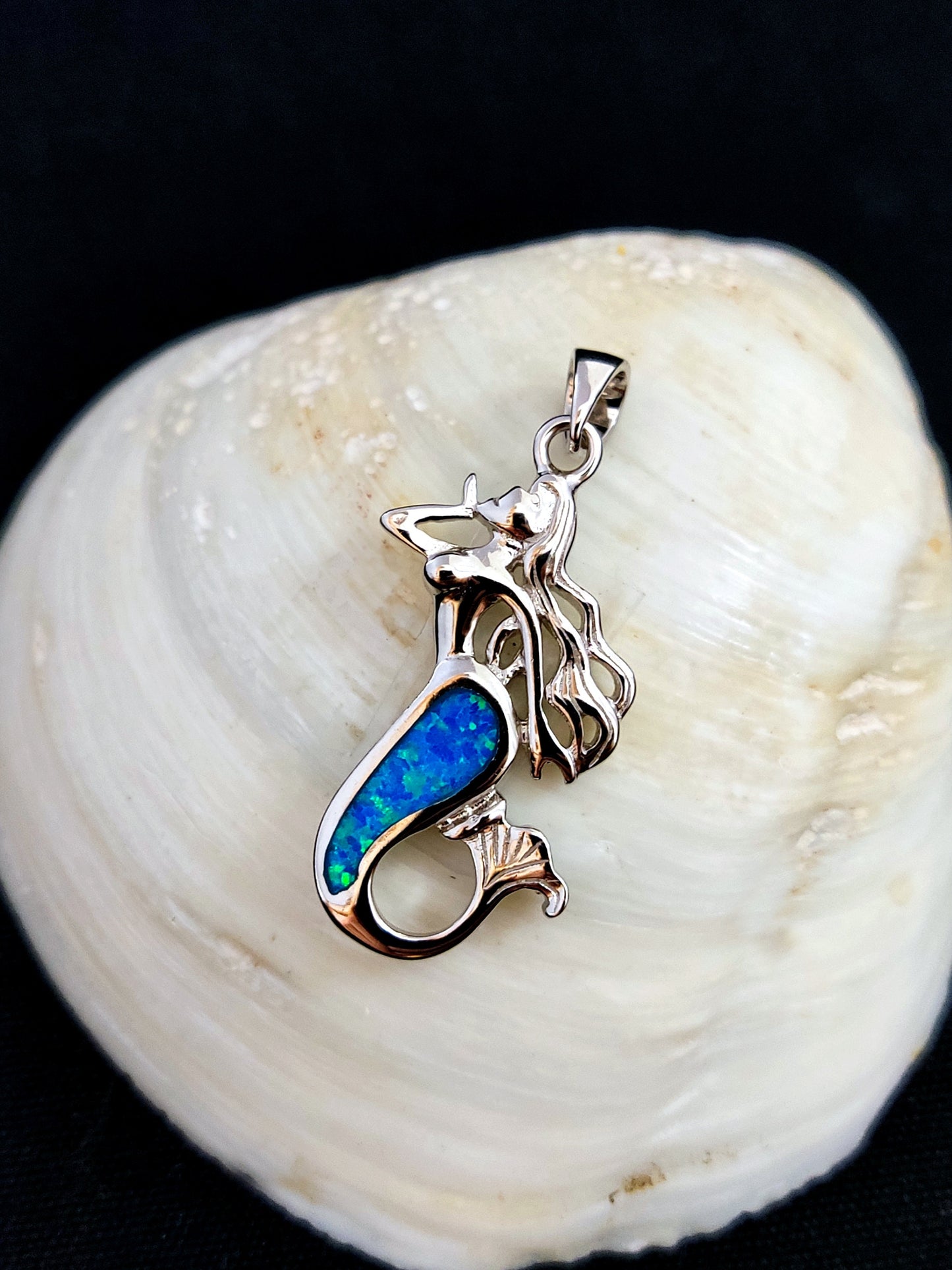 Sterling Silver 925 Mermaid Greek Gorgona 30x15 mm Opal Pendant, Mermaid Opal Pendant, Griechisches Blau Opal Anhanger, Grecque Pendetif