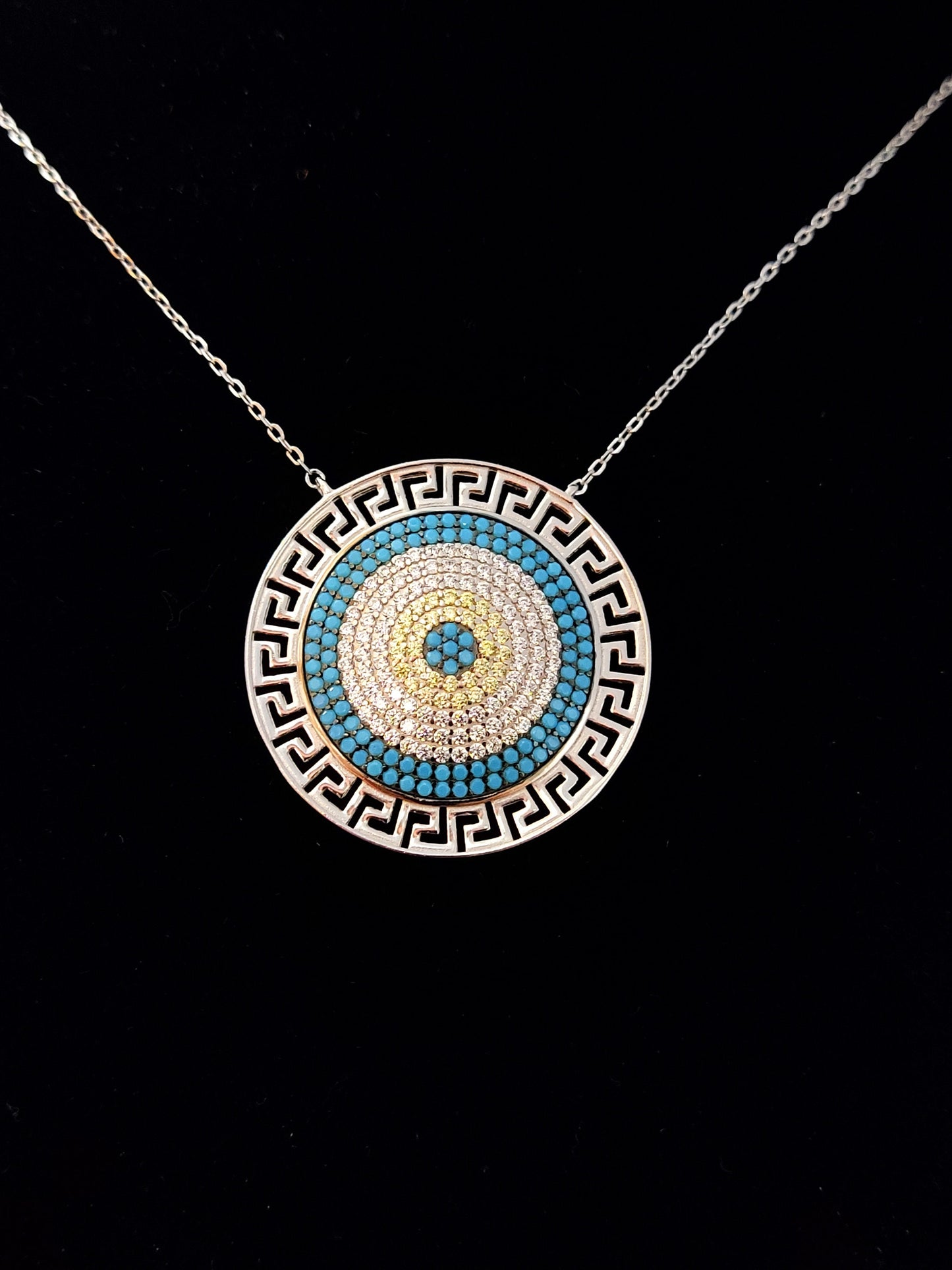 Sterling Silver 925 Greek Evil Eye Mati & Meander Big Pendant 30mm Necklace, Turquoise Micropave Evil Eye Jewelry, Good Luck Mati