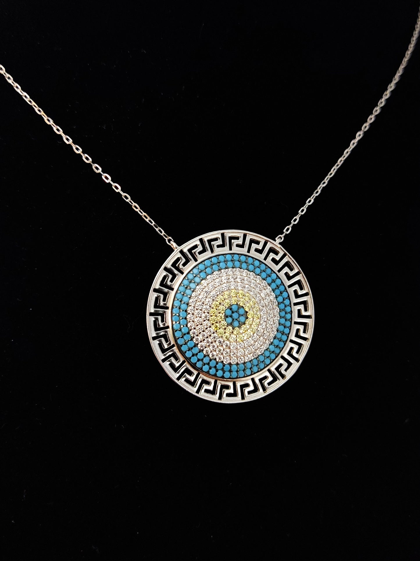 Sterling Silver 925 Greek Evil Eye Mati & Meander Big Pendant 30mm Necklace, Turquoise Micropave Evil Eye Jewelry, Good Luck Mati