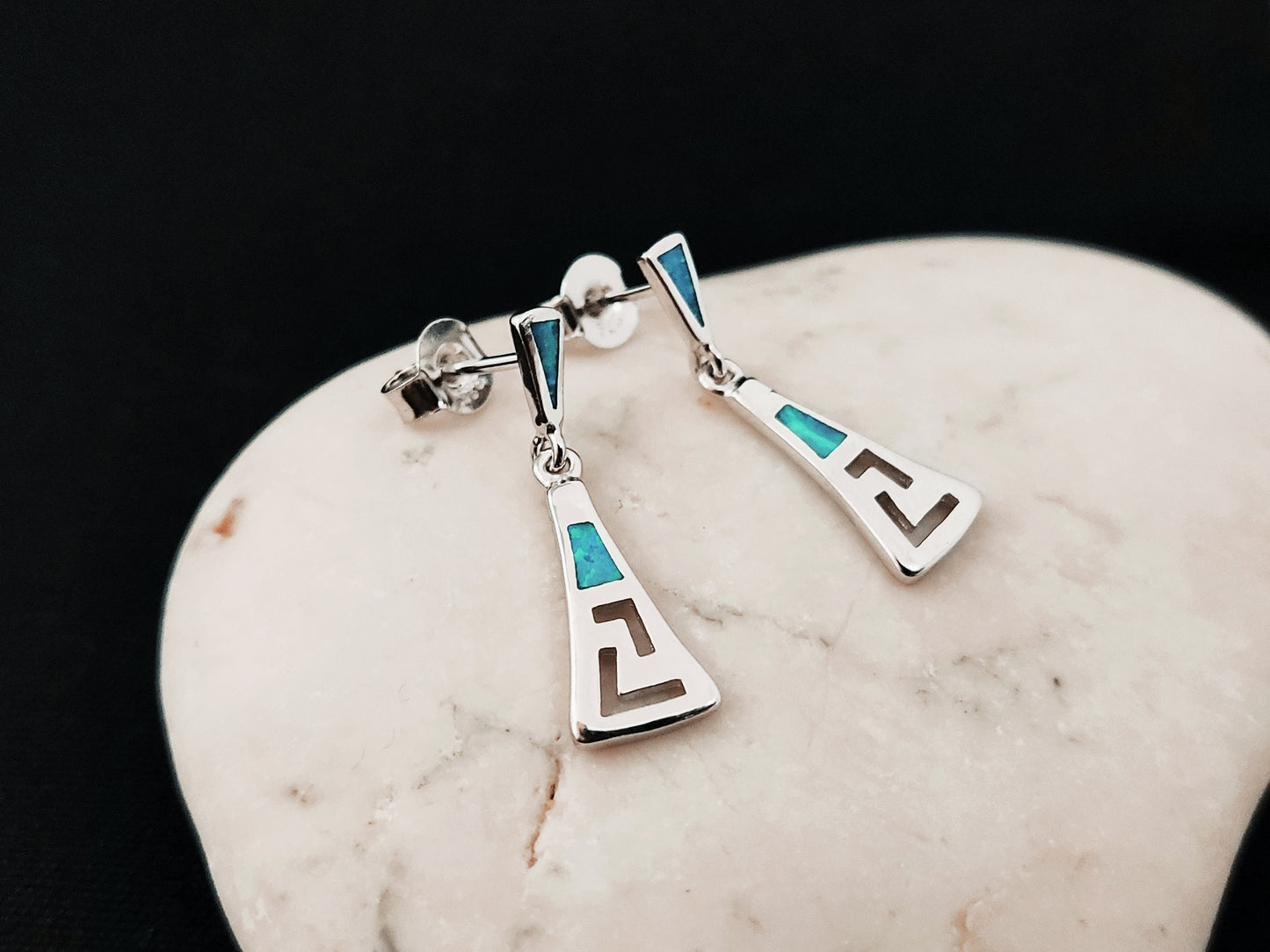 Sterling Silver 925 Opal Meander Greek Dangle Gradual Small Earrings, Greek Earrings, Griechisches Ohrringe, Bijoux Grecque, Bijoux Grecque