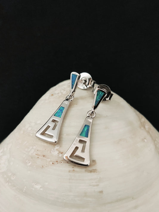 Sterling Silver 925 Opal Meander Greek Dangle Gradual Small Earrings, Greek Earrings, Griechisches Ohrringe, Bijoux Grecque, Bijoux Grecque