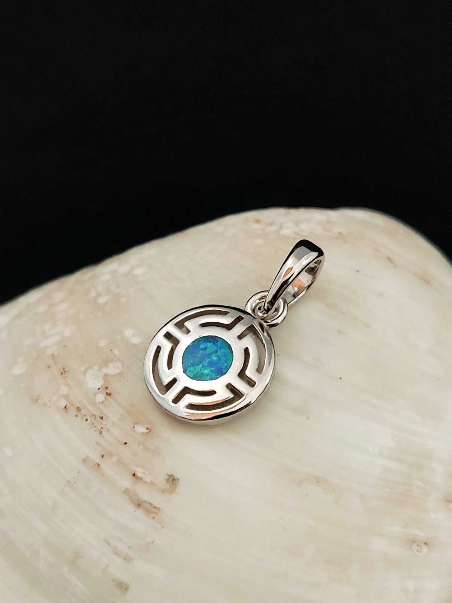Sterling Silver 925 Fire Rainbow Blue Opal Greek Meander Small Round Pendant 10mm, Ancient Greek Round Infinity Opal Pendant, Opal Jewelry