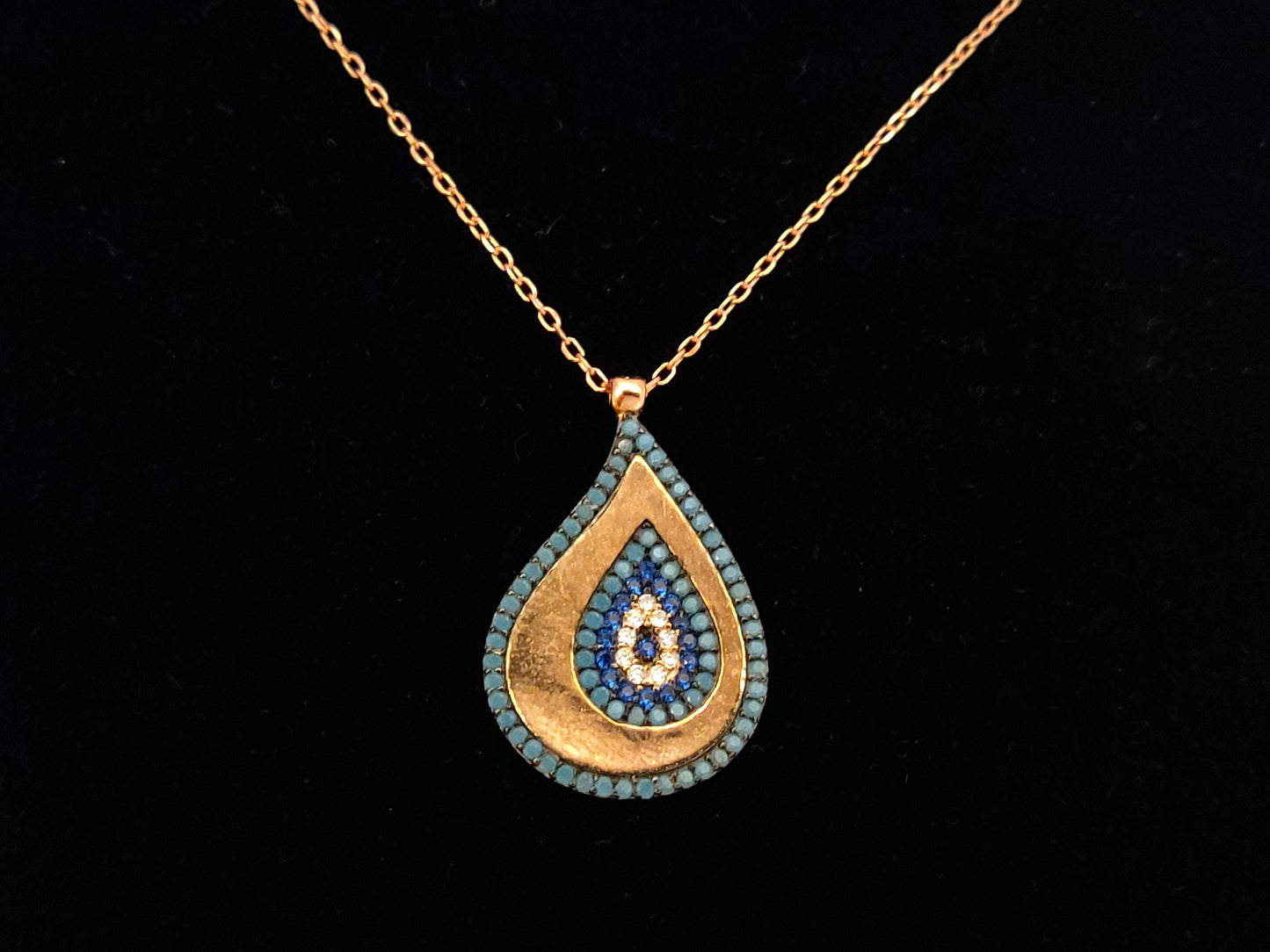 Silver Evil Eye Necklace, Greek Drop Shape Evil Eye Mati Rose Gold Plated Pendant 22x16mm , Enamel Crystals Evil Eye Jewelry, Good Luck Mati