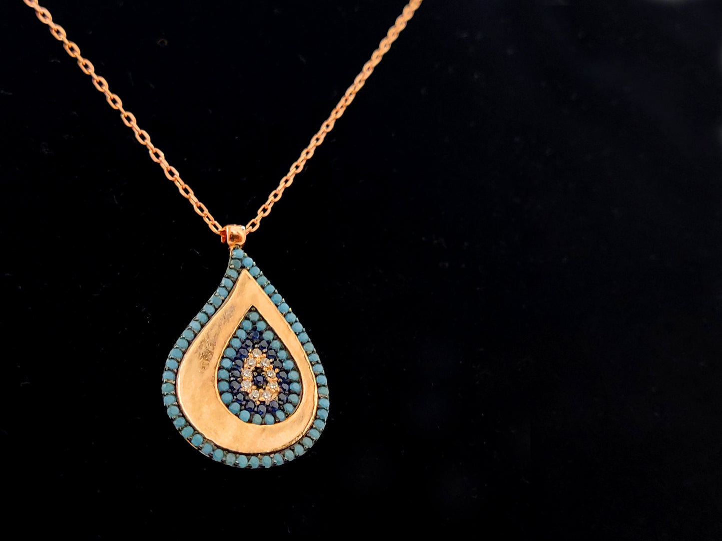 Silver Evil Eye Necklace, Greek Drop Shape Evil Eye Mati Rose Gold Plated Pendant 22x16mm , Enamel Crystals Evil Eye Jewelry, Good Luck Mati