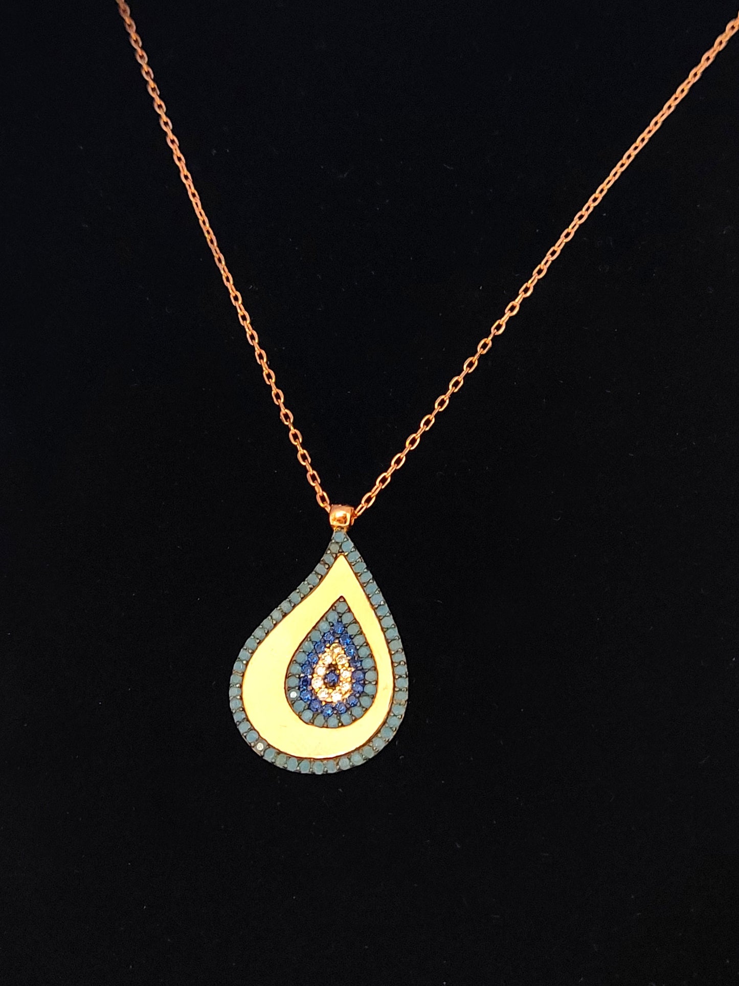 Silver Evil Eye Necklace, Greek Drop Shape Evil Eye Mati Rose Gold Plated Pendant 22x16mm , Enamel Crystals Evil Eye Jewelry, Good Luck Mati