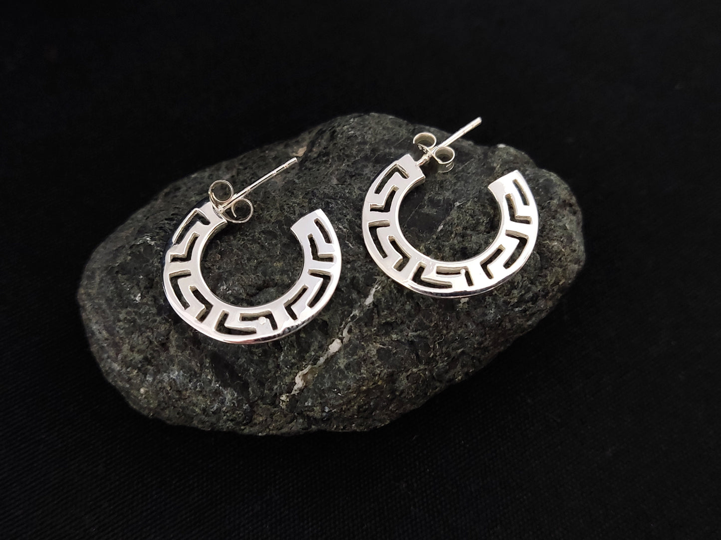 Silver Greek Earrings, Greek Key Flat Hoops Earrings 20mm, Griechisches Silber Ohrringe  Bijoux Grecque, Jewelry From Greece, Round Earrings