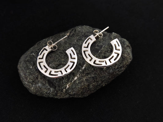 Silver Greek Earrings, Greek Key Flat Hoops Earrings 20mm, Griechisches Silber Ohrringe  Bijoux Grecque, Jewelry From Greece, Round Earrings