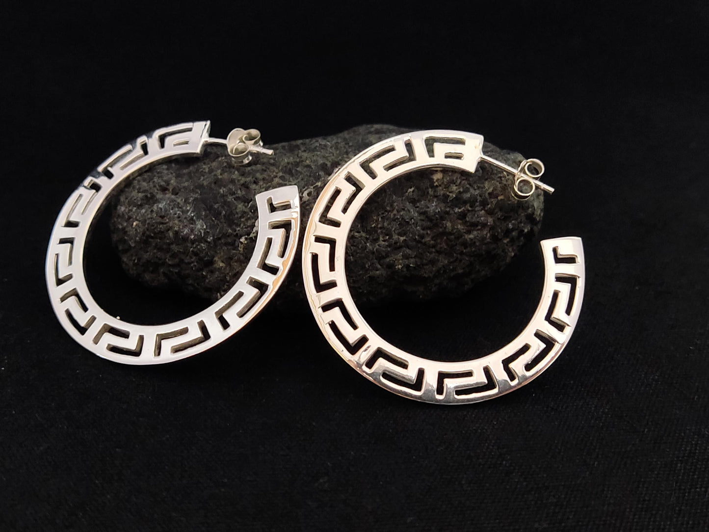 Silver Greek Earrings, Greek Key Flat Big Hoops Earrings 38mm, Griechischer Silber Ohrringe  Bijoux Grecque, Jewelry From Greece, Flat Hoops