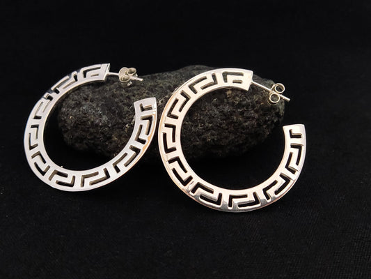 Silver Greek Earrings, Greek Key Flat Big Hoops Earrings 38mm, Griechischer Silber Ohrringe  Bijoux Grecque, Jewelry From Greece, Flat Hoops