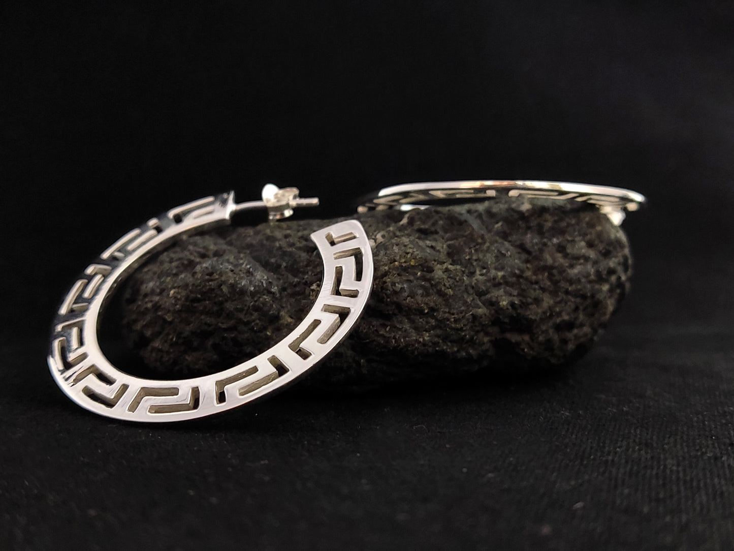 Silver Greek Earrings, Greek Key Flat Big Hoops Earrings 38mm, Griechischer Silber Ohrringe  Bijoux Grecque, Jewelry From Greece, Flat Hoops