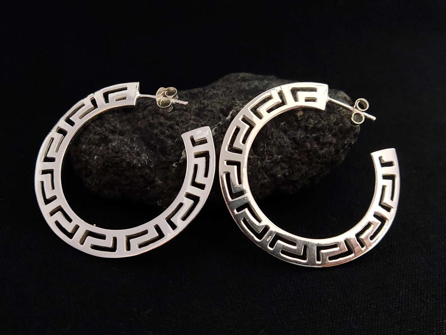 Silver Greek Earrings, Greek Key Flat Big Hoops Earrings 38mm, Griechischer Silber Ohrringe  Bijoux Grecque, Jewelry From Greece, Flat Hoops