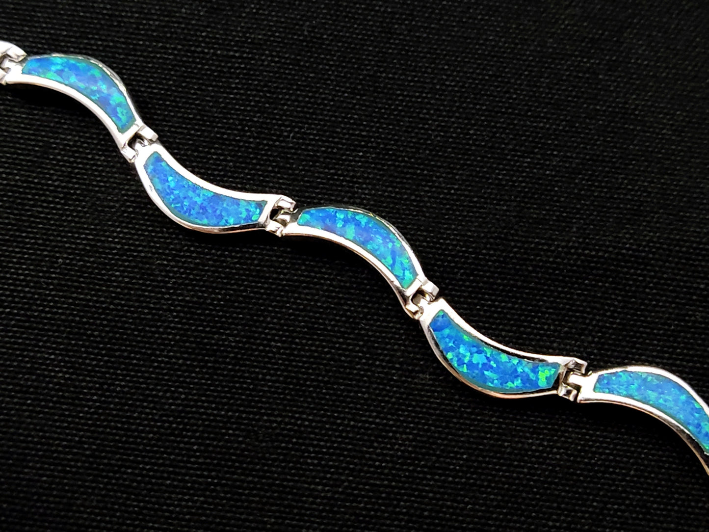 Sterling Silver 925 Blue Opal Wave Curved Greek Bracelet, Opal Bracelet, Griechischer Silber Blau Opal Stein Armband, Bracelet Grecque Opal