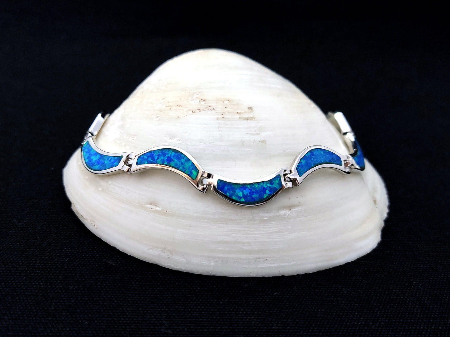 Sterling Silver 925 Blue Opal Wave Curved Greek Bracelet, Opal Bracelet, Griechischer Silber Blau Opal Stein Armband, Bracelet Grecque Opal