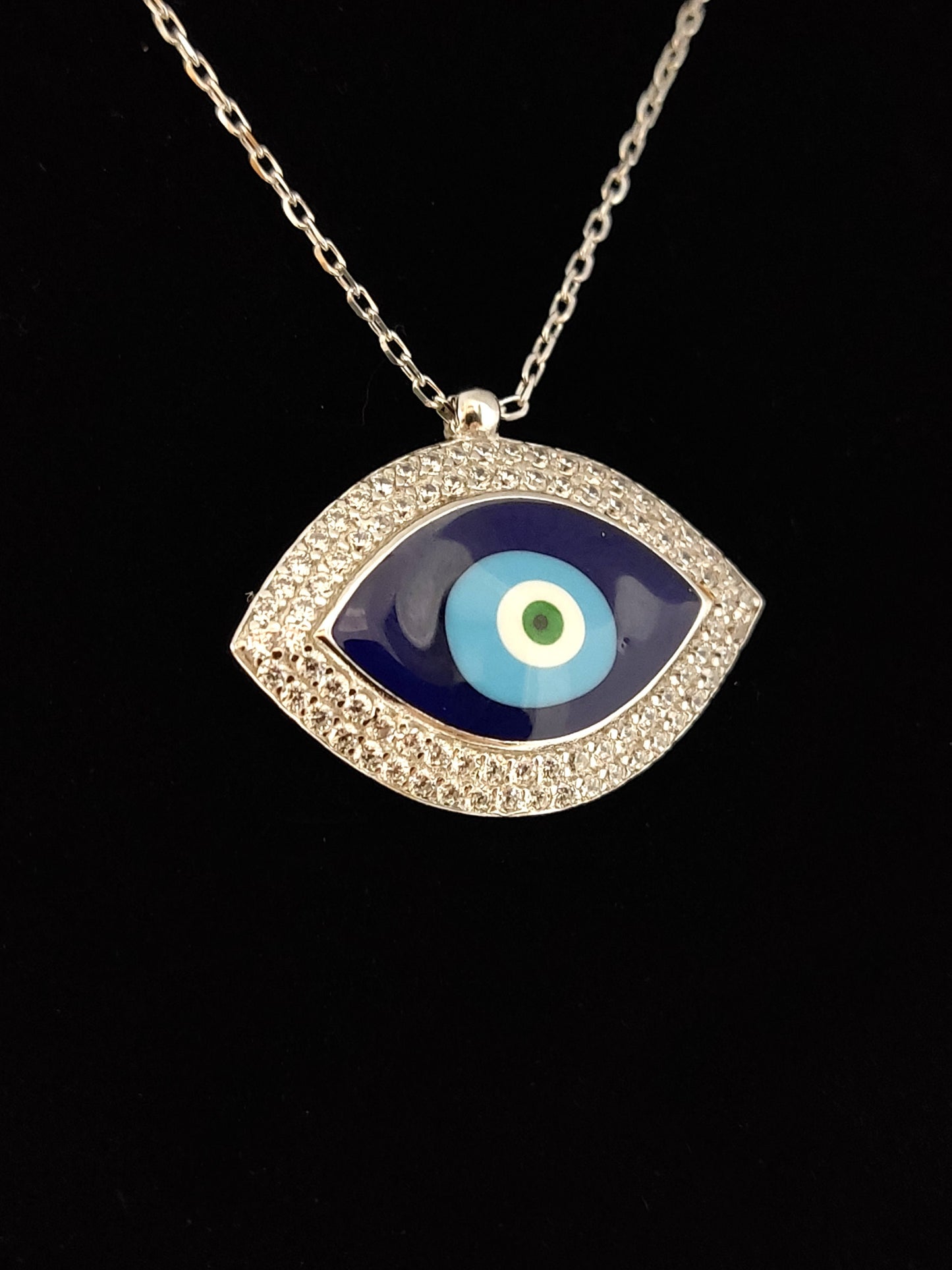 Sterling Silver 925 Greek Evil Eye Mati & Meander Chain Pendant 27x18mm Necklace, Ename Crystals Evil Eye Jewelry, Good Luck Mati