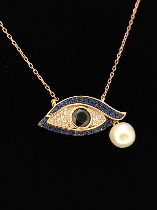 Sterling Silver 925 Greek Evil Eye Mati Rose Gold Plated Chain Pendant 27x12mm Necklace, Enamel Crystals Evil Eye Jewelry, Good Luck Mati