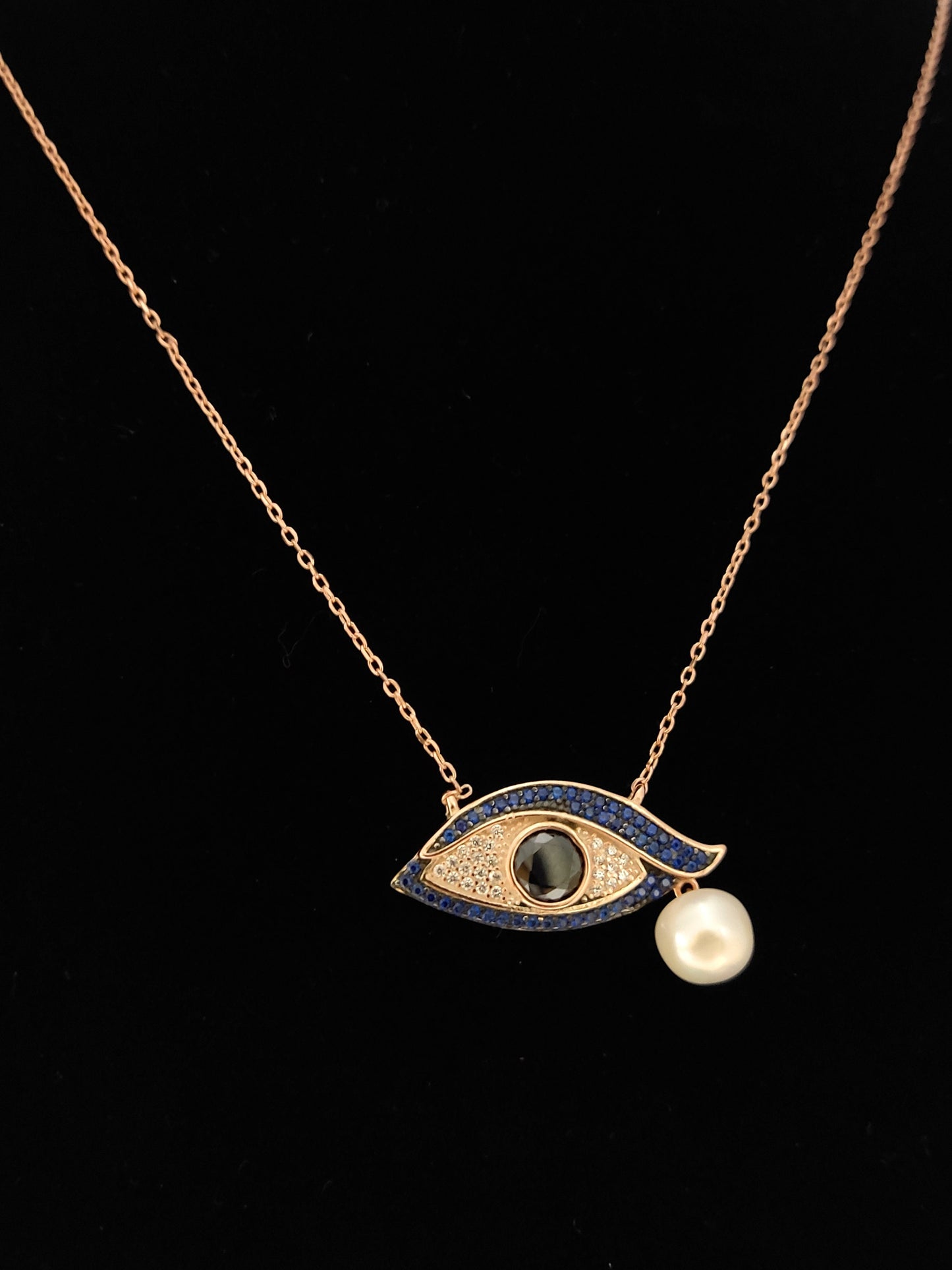 Sterling Silver 925 Greek Evil Eye Mati Rose Gold Plated Chain Pendant 27x12mm Necklace, Enamel Crystals Evil Eye Jewelry, Good Luck Mati