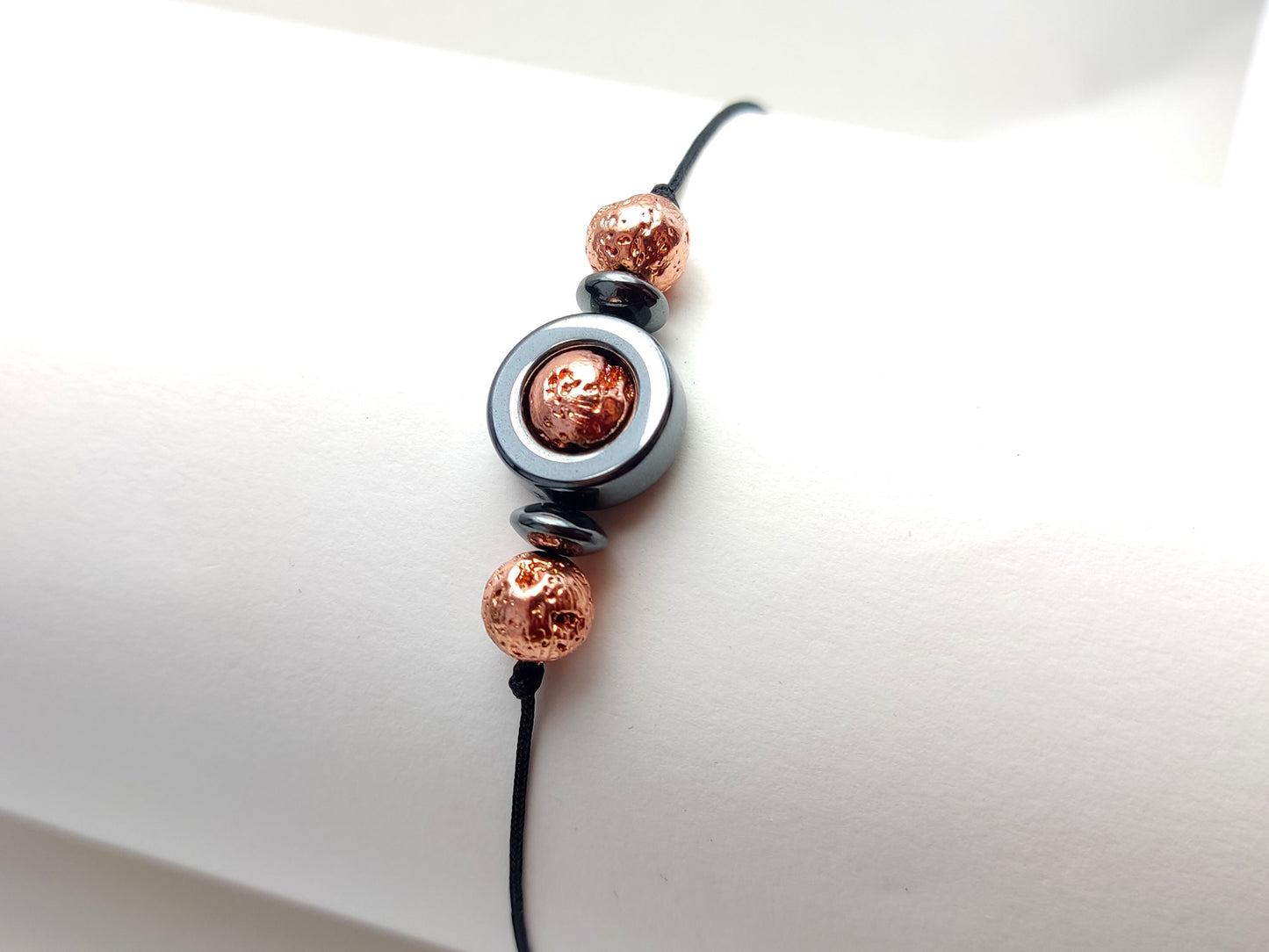 Volcanic Rose Gold Plated Lava & Hematite Stones Cord Adjustable Trendy Bracelet, Lava Stones Men Mens Women Unisex Macrame Cord  Bracelet