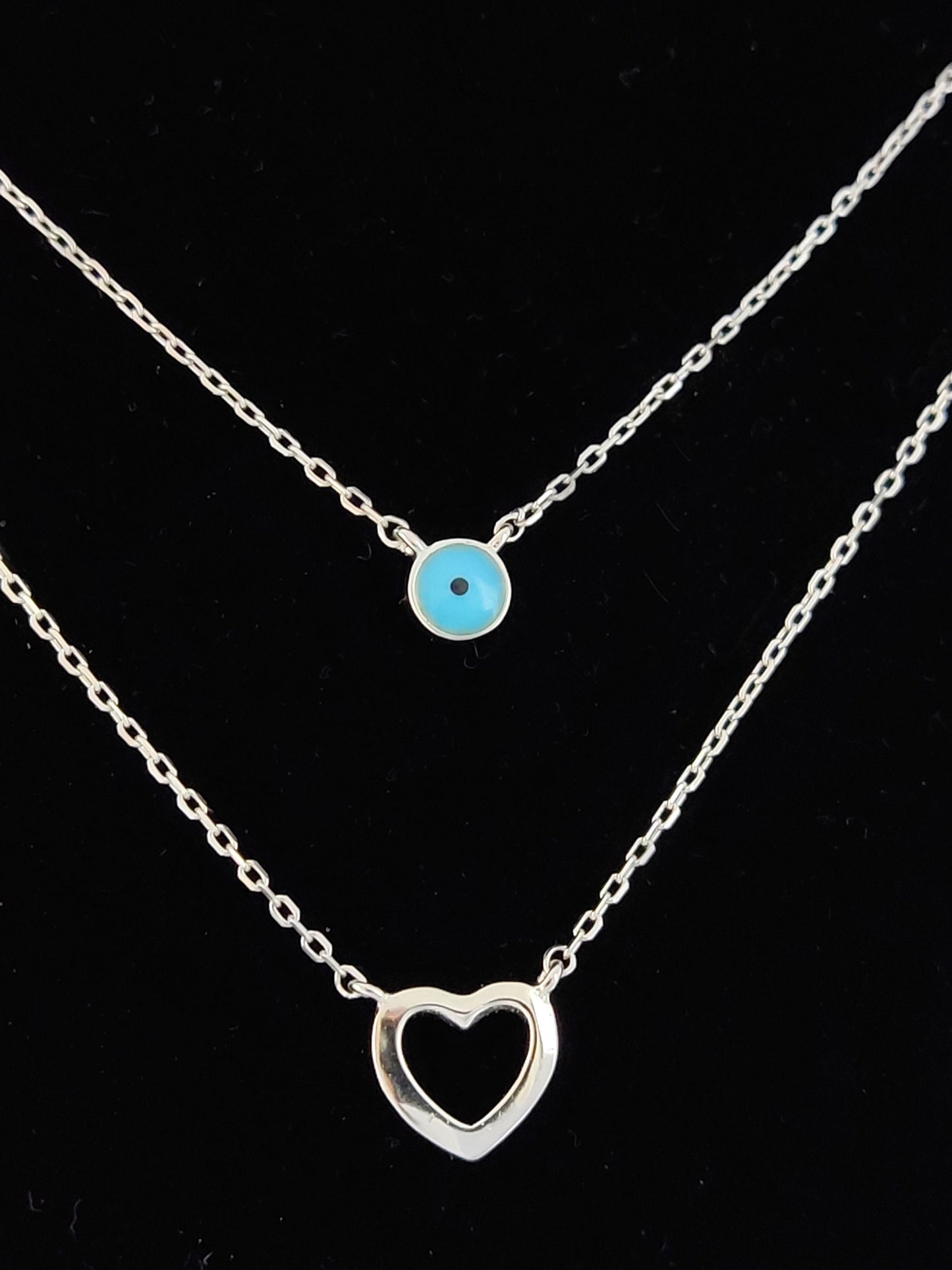 Sterling Silver 925 Greek Evil Eye Mati & Heart Double Row Chain Pendant Necklace, Evil Eye Jewelry, Good Luck Charm, Heart Necklace