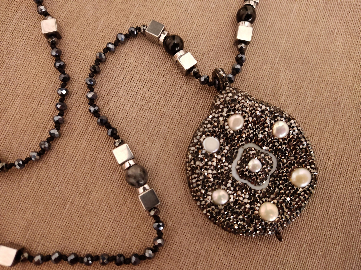 Handmade Long Semi Precious Stones Necklace, Pendant With Marcasite - Perles - Mother Of Pearl, 75cm, Griechische Halskette Schmuck, Jewelry