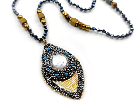 Handmade Long Semi Precious Stones Necklace, Drop Pendant With Marcasite - Mother Of Pearl, 70cm, Griechische Halskette Schmuck, Jewelry
