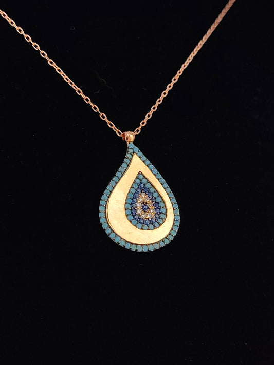 Silver Evil Eye Necklace, Greek Drop Shape Evil Eye Mati Rose Gold Plated Pendant 22x16mm , Enamel Crystals Evil Eye Jewelry, Good Luck Mati