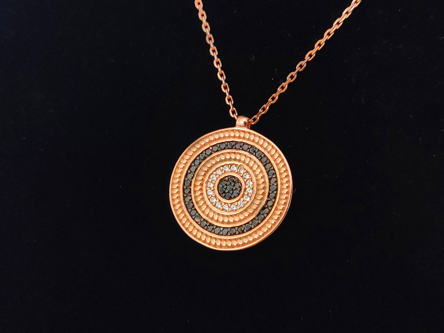 Silver 925 Evil Eye Necklace, Greek Round Shape Evil Eye Mati Rose Gold Plated Pendant 18mm , Crystals Evil Eye Jewelry, Good Luck Mati
