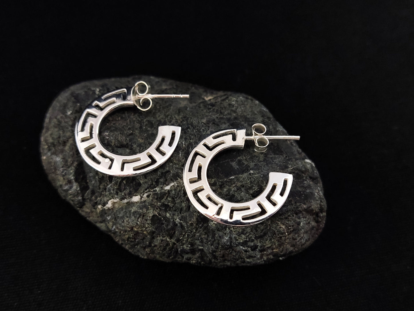 Silver Greek Earrings, Greek Key Flat Hoops Earrings 20mm, Griechisches Silber Ohrringe  Bijoux Grecque, Jewelry From Greece, Round Earrings