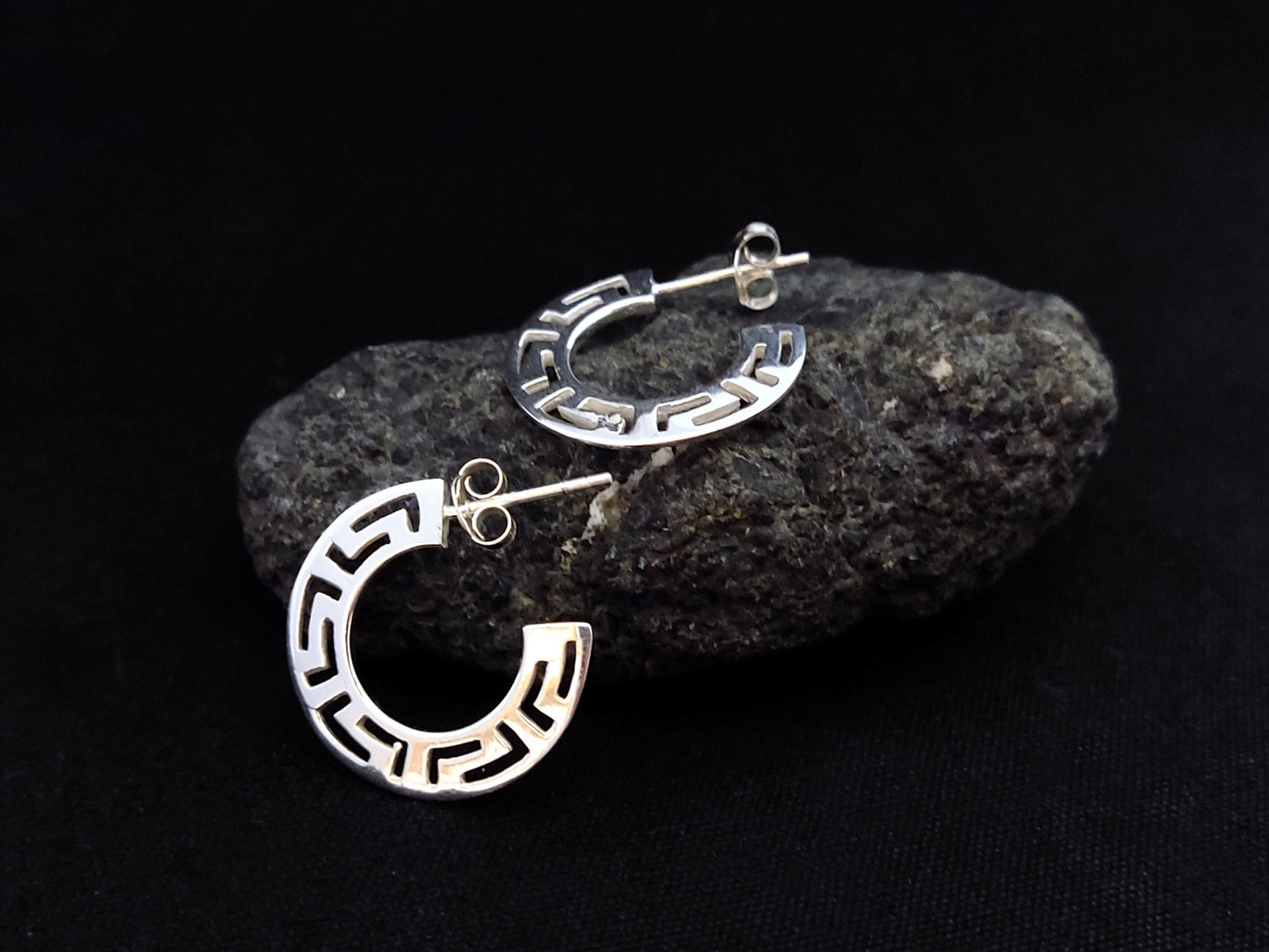 Silver Greek Earrings, Greek Key Flat Hoops Earrings 20mm, Griechisches Silber Ohrringe  Bijoux Grecque, Jewelry From Greece, Round Earrings