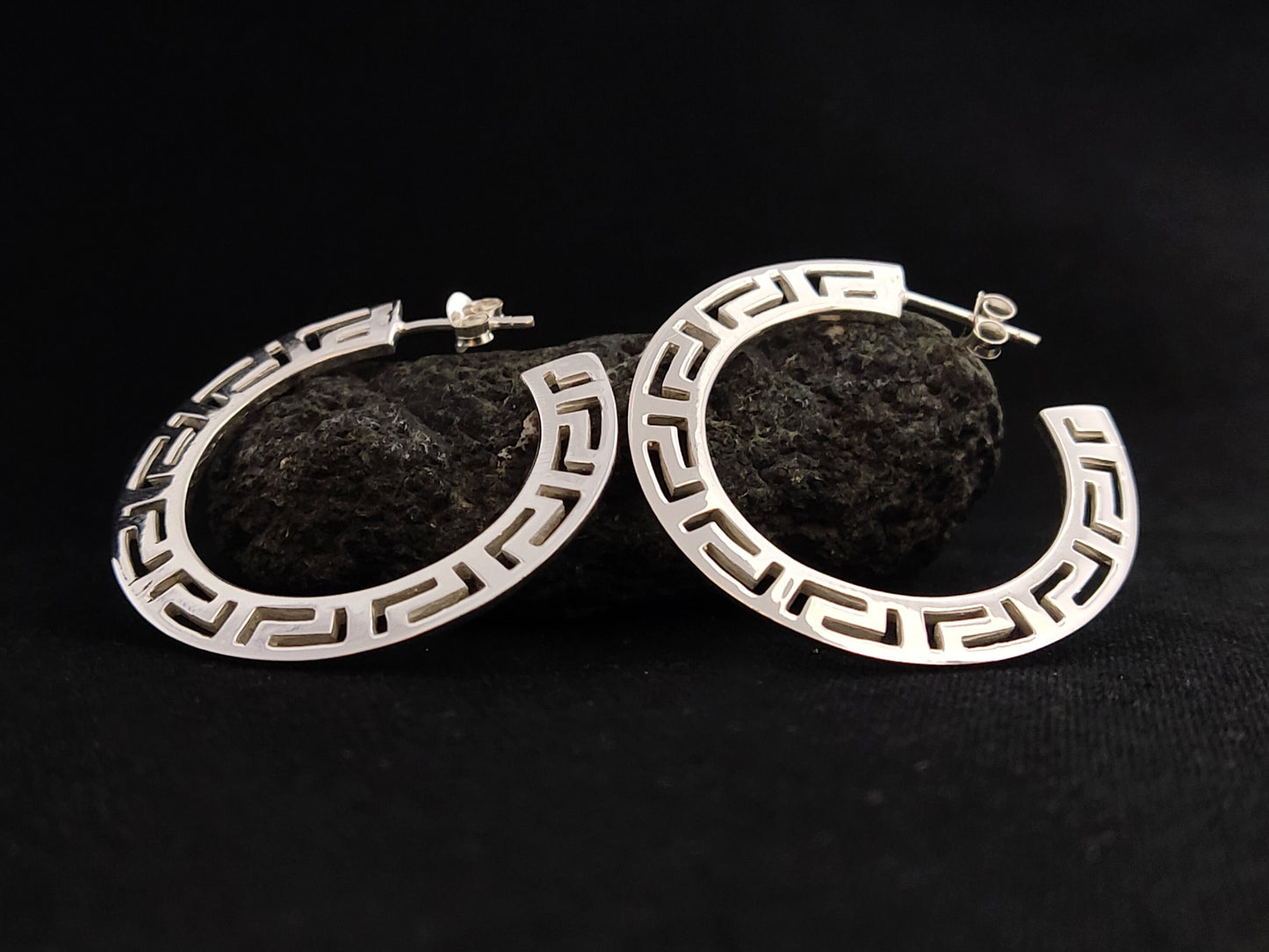 Silver Greek Earrings, Greek Key Flat Big Hoops Earrings 38mm, Griechischer Silber Ohrringe  Bijoux Grecque, Jewelry From Greece, Flat Hoops
