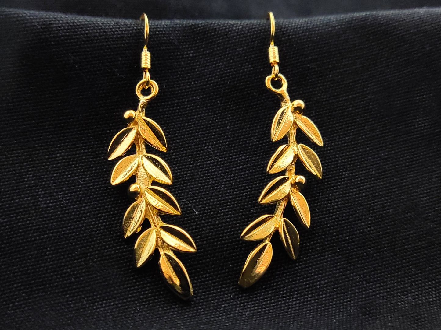 Sterling Silver 925 Greek Olive Leaf Leaves Gold Plated 22K Dangle Long Earrings, Leaf Gold Plated Earrings, Griechische Gold Ohrringe