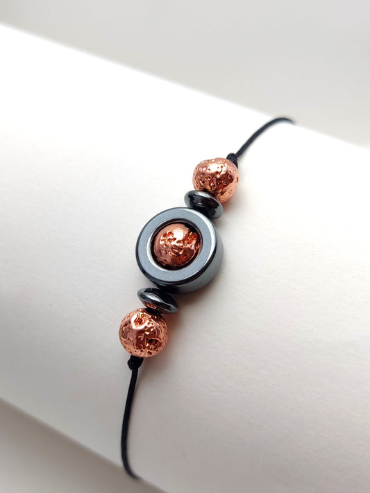 Volcanic Rose Gold Plated Lava & Hematite Stones Cord Adjustable Trendy Bracelet, Lava Stones Men Mens Women Unisex Macrame Cord  Bracelet