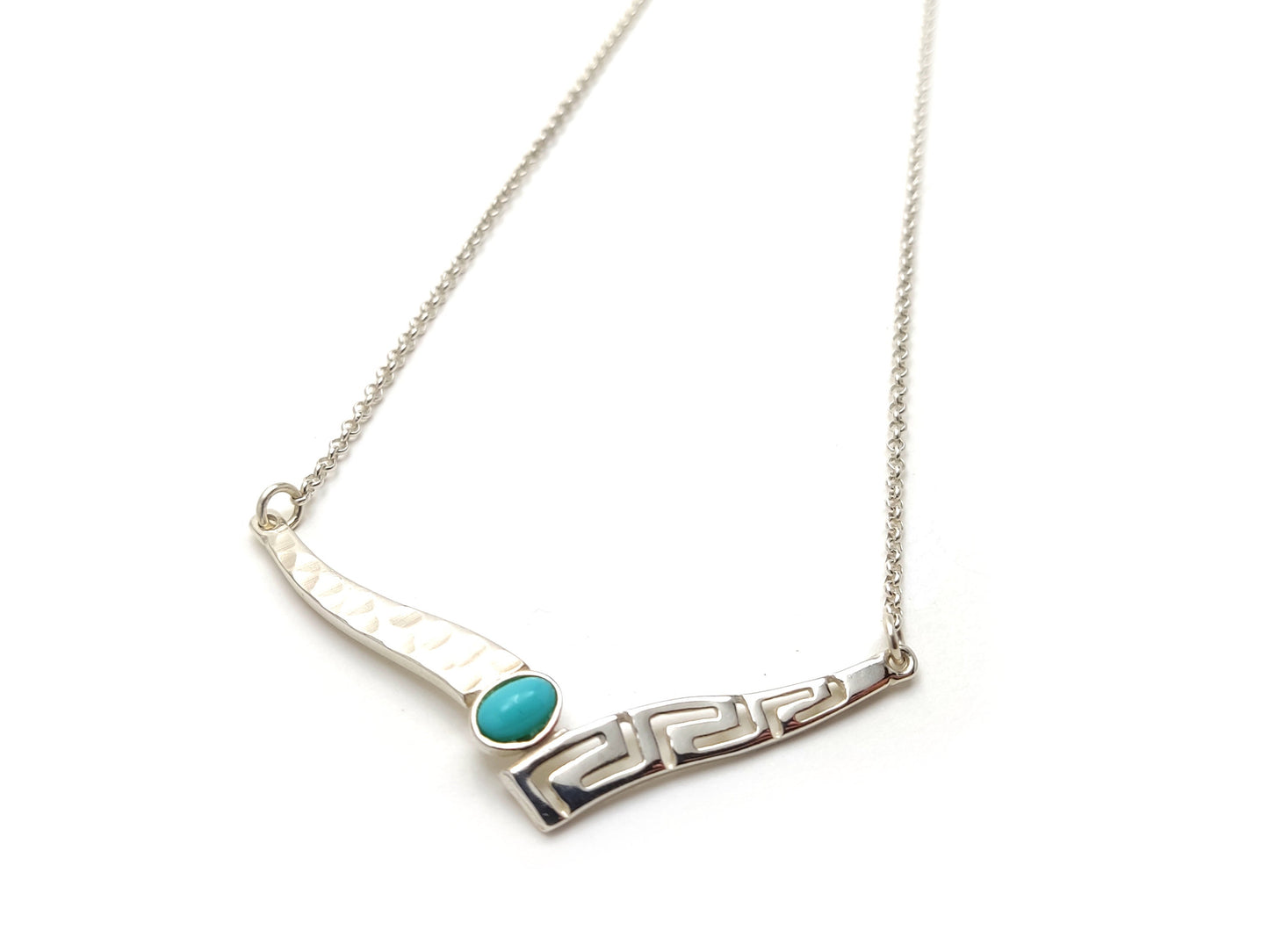 Greek Silver Necklace, Meander Turquoise Stone Chain Fine Necklace, Griechischer Silber Schmuck Halskette, Bijoux Collier De Grece, Greece