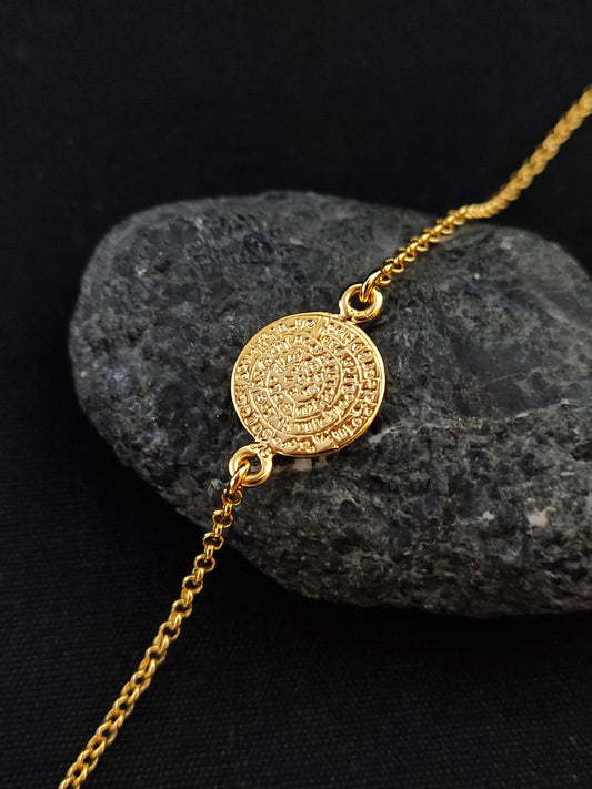Sterling Silver 925 Minoan Phaistos Disc Fine Chain Adjustable Gold Plated Bracelet 12mm, Griechischer Silber Armband, Bijoux Grece, Crete