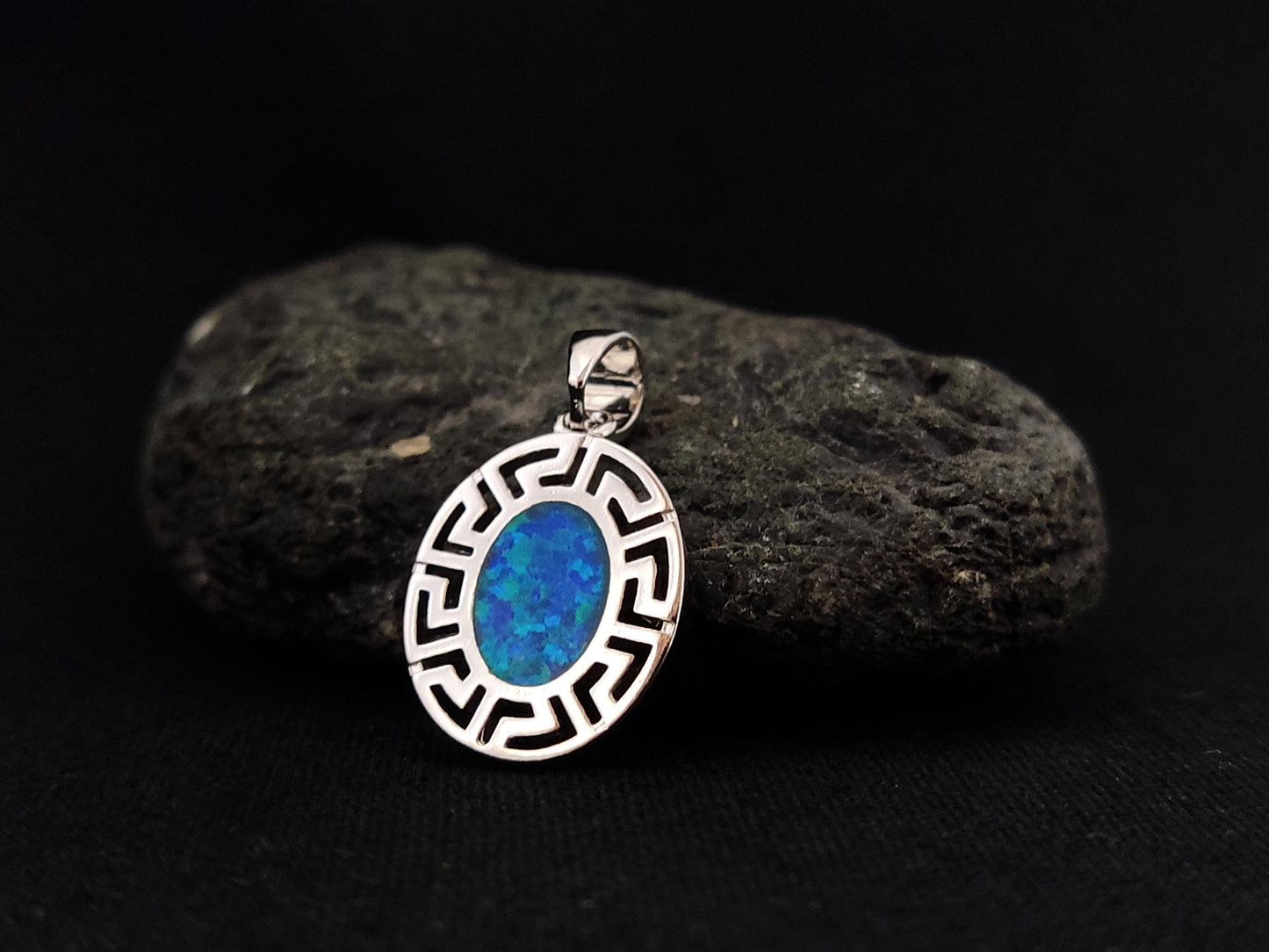 Sterling Silver 925 Fire Rainbow Blue Opal Greek Meander Small Oval Pendant 17x14mm, Ancient Greek Oval Infinity Opal Pendant, Opal Jewelry