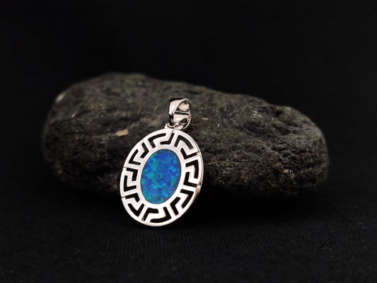 Sterling Silver 925 Fire Rainbow Blue Opal Greek Meander Small Oval Pendant 17x14mm, Ancient Greek Oval Infinity Opal Pendant, Opal Jewelry
