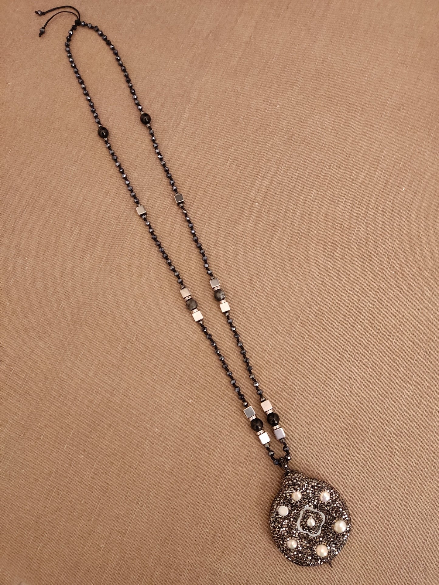 Handmade Long Semi Precious Stones Necklace, Pendant With Marcasite - Perles - Mother Of Pearl, 75cm, Griechische Halskette Schmuck, Jewelry