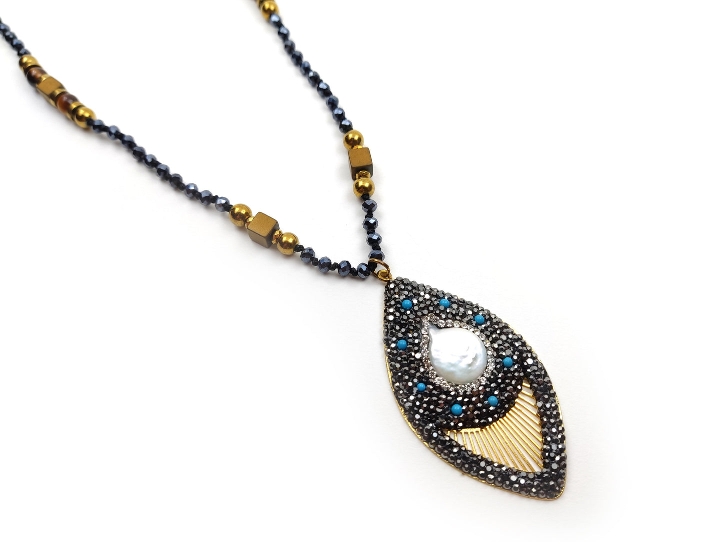 Handmade Long Semi Precious Stones Necklace, Drop Pendant With Marcasite - Mother Of Pearl, 70cm, Griechische Halskette Schmuck, Jewelry