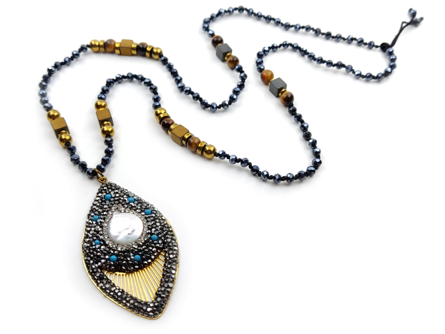 Handmade Long Semi Precious Stones Necklace, Drop Pendant With Marcasite - Mother Of Pearl, 70cm, Griechische Halskette Schmuck, Jewelry