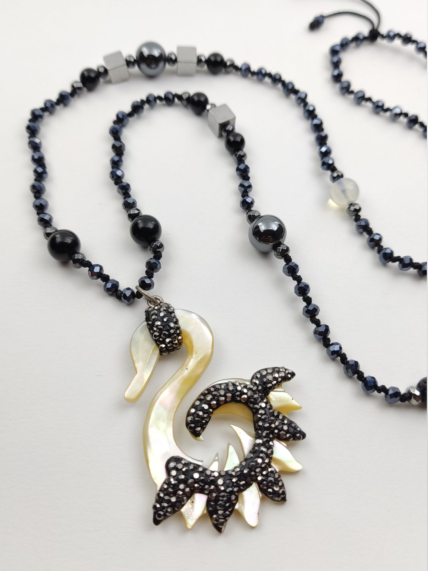 Long Semi Precious Stones Swan Necklace, Pendant With Marcasite - Mother Of Pearl, 70cm, Griechische Halskette Schmuck, Jewelry, Schmuck