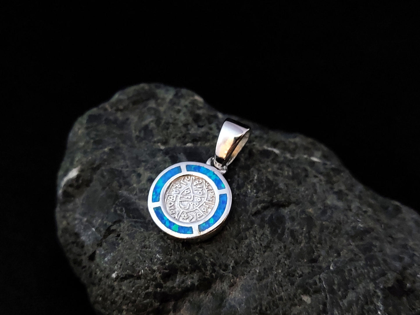 Sterling Silver 925 Phaistos Disc Blue Opal Greek Minoan Pendant 11mm, Opal Stones, Greek Jewelry, Griechisches Opal Anhanger, Minoan Grec