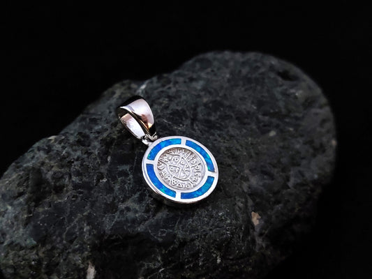 Sterling Silver 925 Phaistos Disc Blue Opal Greek Minoan Pendant 11mm, Opal Stones, Greek Jewelry, Griechisches Opal Anhanger, Minoan Grec