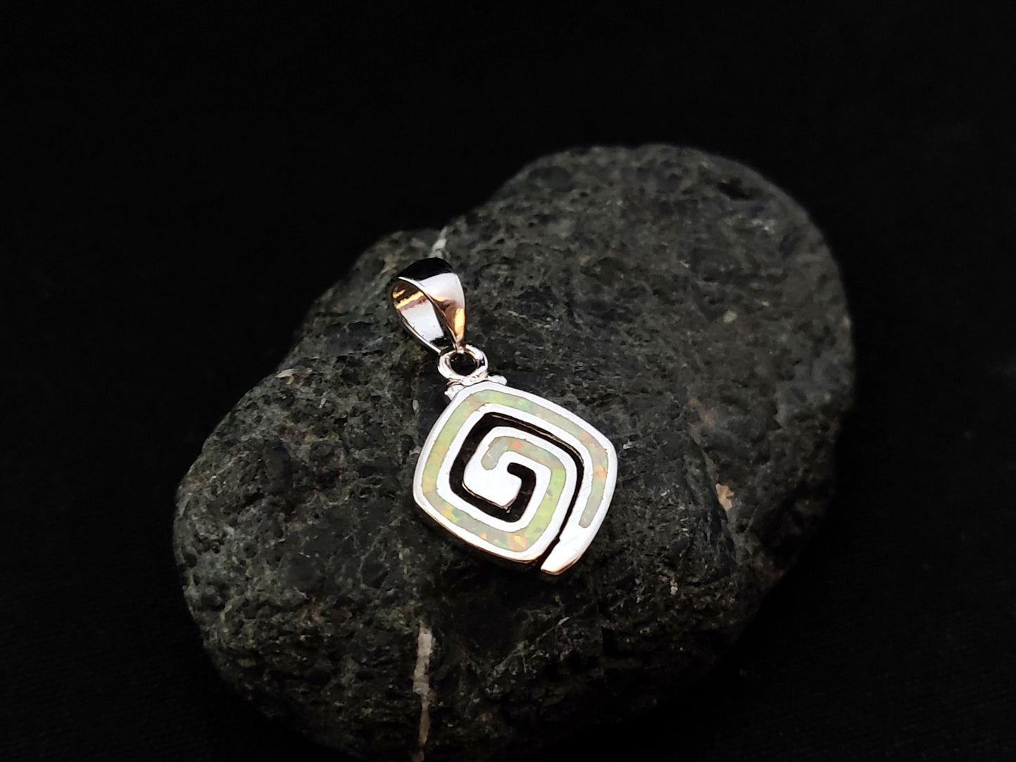 Sterling Silver 925 Fire Rainbow White Opal Greek Meander Spiral Shape Pendant 15x15mm, Ancient Greek Infinity Opal Pendant, Opal Stones