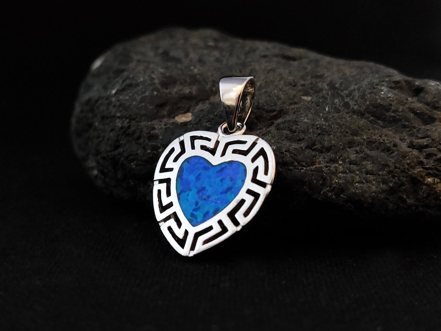 Sterling Silver 925 Heart Fire Rainbow Blue Opal 14x15mm, Greek Key Meander Pendant, Griechisches Silber Herz Anhanger Seestern Schmuck