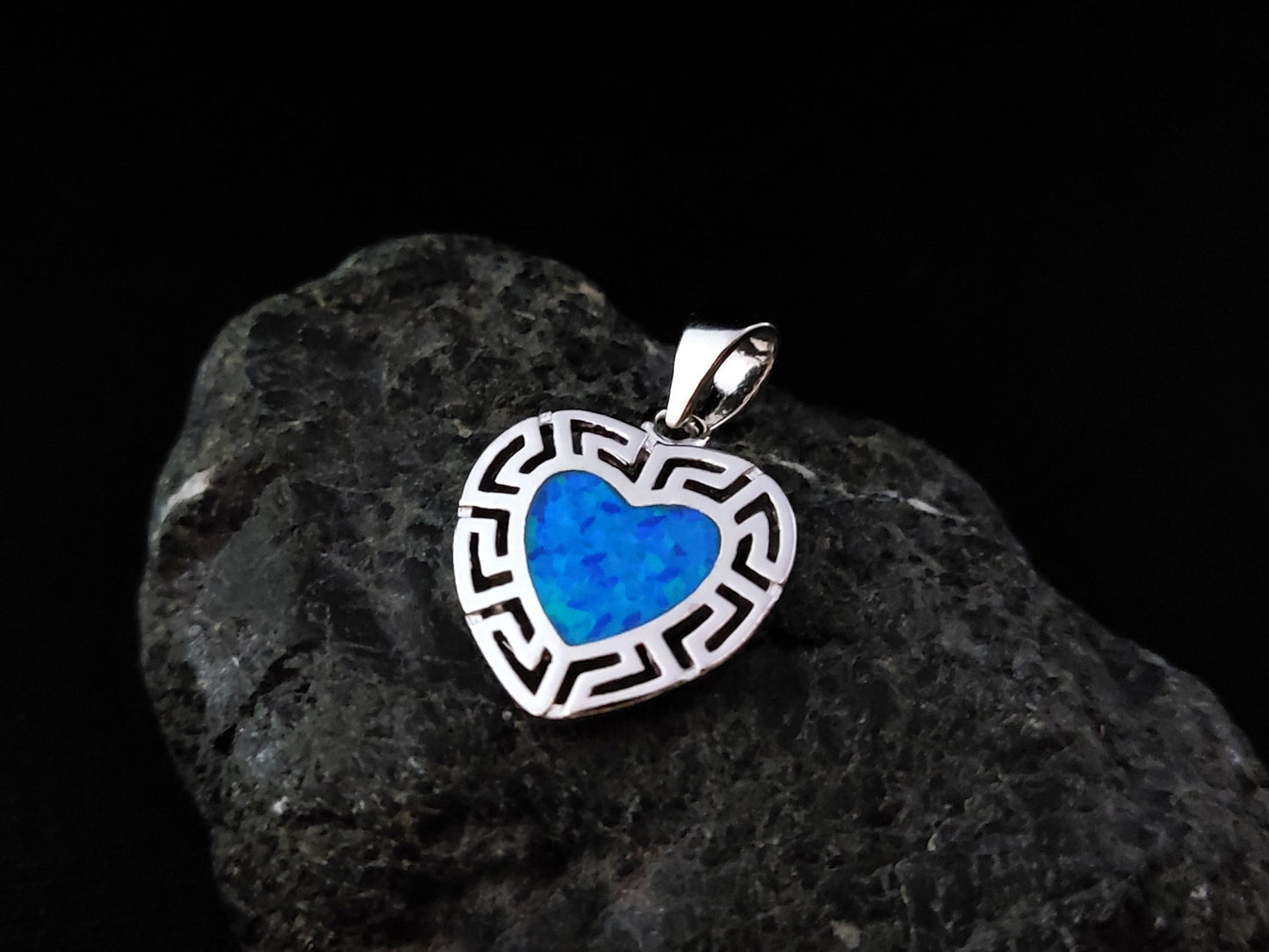 Sterling Silver 925 Heart Fire Rainbow Blue Opal 14x15mm, Greek Key Meander Pendant, Griechisches Silber Herz Anhanger Seestern Schmuck