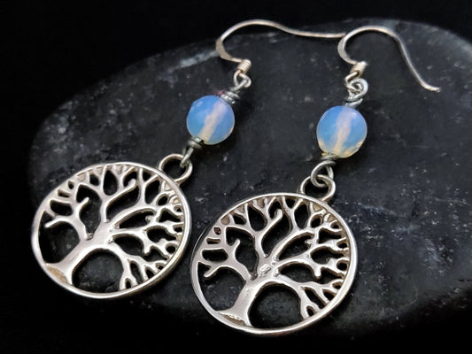 Tree Of Life & Moonstone Silver Earrings, Greek Handmade Jewelry, Lebens Baum Silber Ohrringe, Moonstone Dangle Long Earrings From Greece