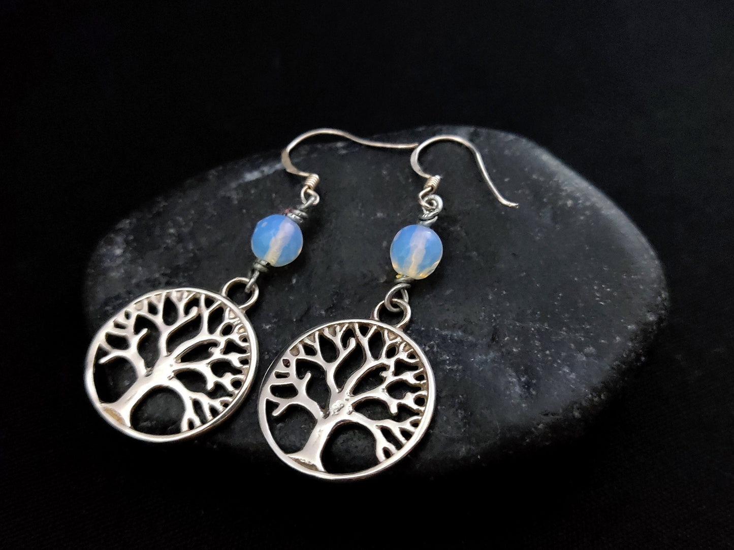 Tree Of Life & Moonstone Silver Earrings, Greek Handmade Jewelry, Lebens Baum Silber Ohrringe, Moonstone Dangle Long Earrings From Greece