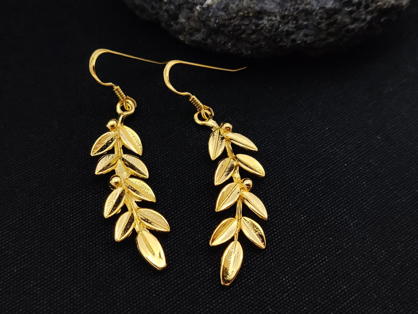 Sterling Silver 925 Greek Olive Leaf Leaves Gold Plated 22K Dangle Long Earrings, Leaf Gold Plated Earrings, Griechische Gold Ohrringe