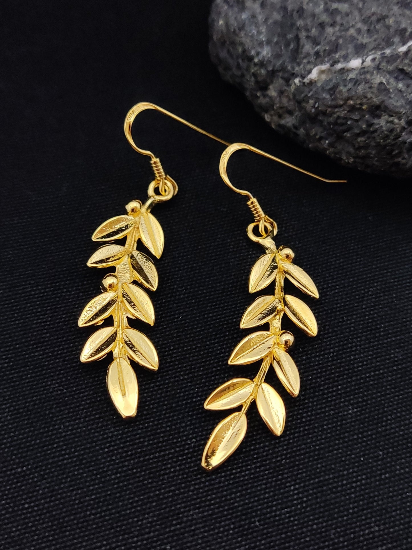 Sterling Silver 925 Greek Olive Leaf Leaves Gold Plated 22K Dangle Long Earrings, Leaf Gold Plated Earrings, Griechische Gold Ohrringe