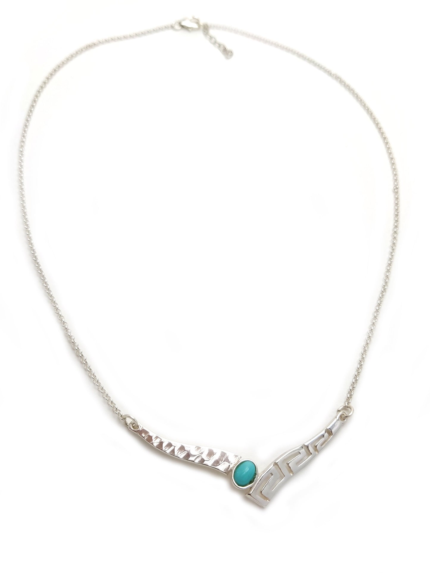 Greek Silver Necklace, Meander Turquoise Stone Chain Fine Necklace, Griechischer Silber Schmuck Halskette, Bijoux Collier De Grece, Greece